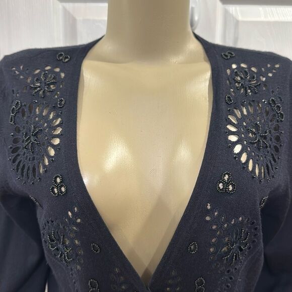 ESCADA BEADED CASHMERE BLEND CARDIGAN XL BLACK. - Picture 3 of 7